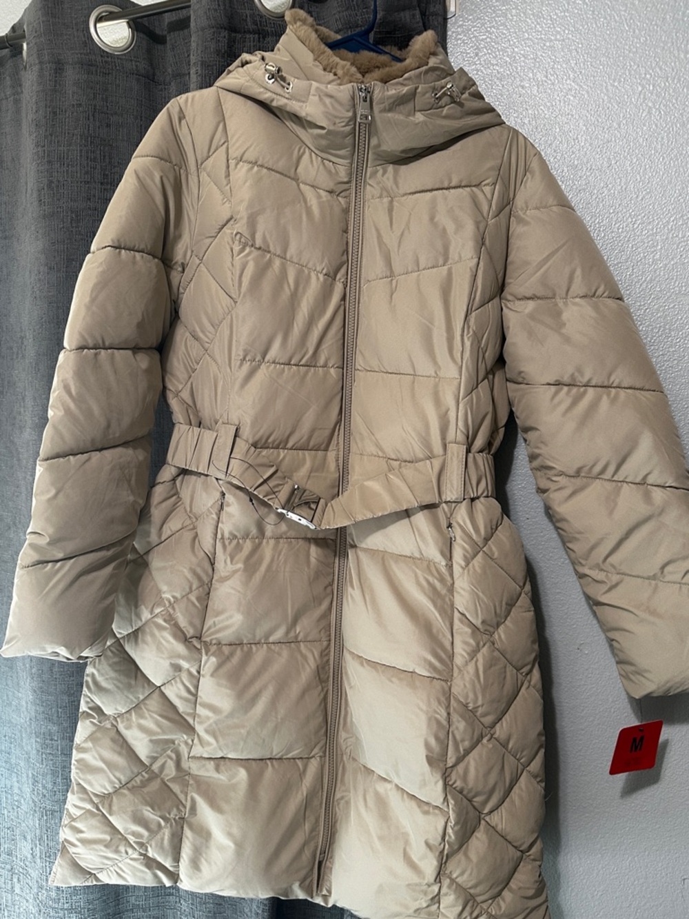 Andrew Marc Taupe Quilted Hooded Belted Puffer Coat